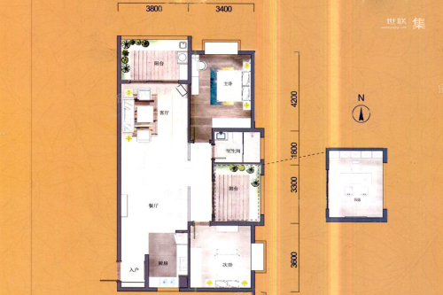 候鸟湾二期二期A户型-3室2厅1卫1厨建筑面积105.00平米