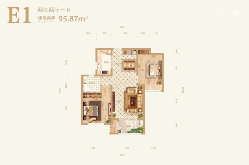 尚宾城10号楼标准层E1户型-2室2厅1卫1厨建筑面积95.87平米