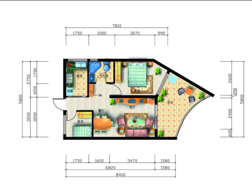 北海银滩海尊公寓A04、A09户型-2室1厅1卫1厨建筑面积51.58平米
