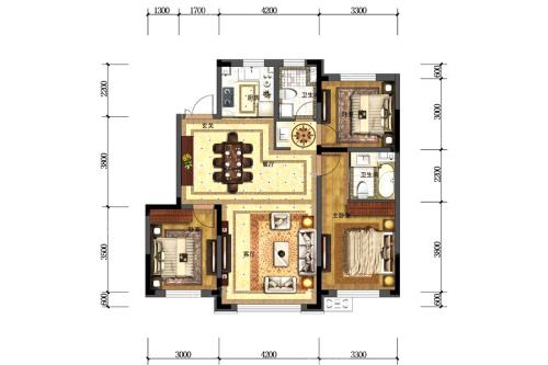 金色橄榄城三期三期B5户型图-3室2厅2卫1厨建筑面积114.34平米