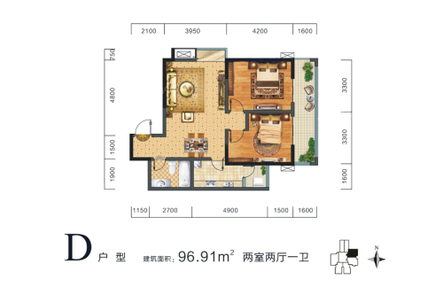 晶鑫华庭D户型-2室2厅1卫1厨建筑面积96.91平米