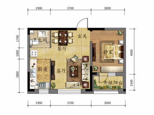金色8里城二期B户型-1室2厅1卫1厨建筑面积60.53平米