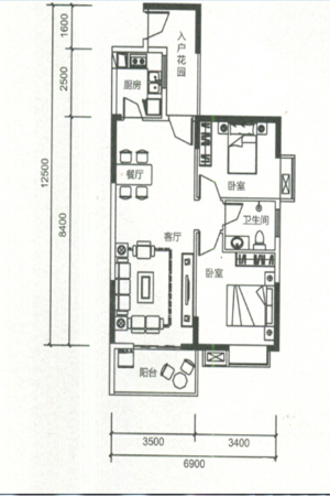 都海花园2栋03、04户型-2室2厅1卫1厨建筑面积85.66平米