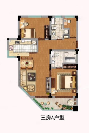 华园三房A户型-3室2厅2卫1厨建筑面积105.00平米