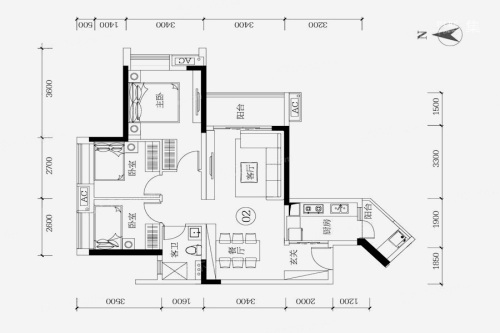 保利紫云B1栋02户型-3室2厅1卫1厨建筑面积89.98平米