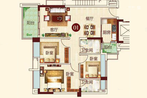 日华坊二期5栋01户型-3室2厅2卫1厨建筑面积44.00平米
