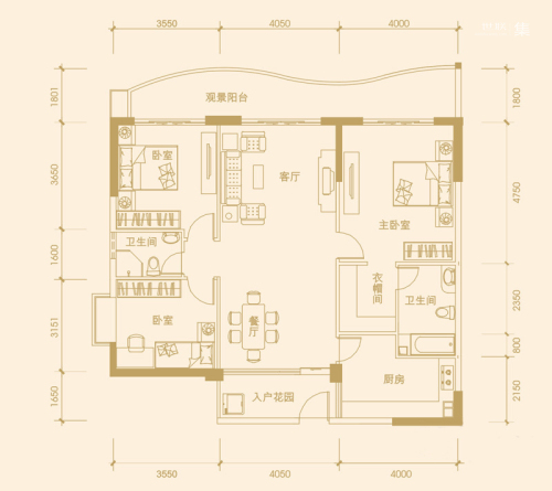 富丽华海御一期2#A户型-3室2厅2卫1厨建筑面积145.41平米