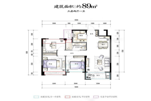 华夏四季高层F1户型89方-3室2厅1卫1厨建筑面积89.00平米