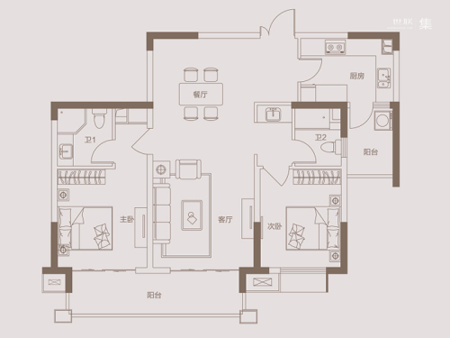 麒麟山庄公园境二期26、27、28幢标准层H6户型-2室2厅2卫1厨建筑面积104.00平米