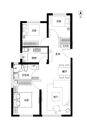 华润·理想国90平A户型-3室2厅1卫1厨建筑面积90.00平米