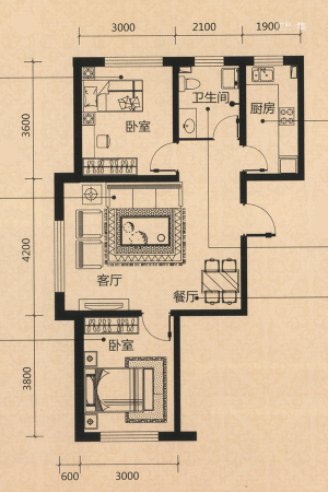 海逸铭筑K1户型-2室2厅1卫1厨建筑面积75.00平米