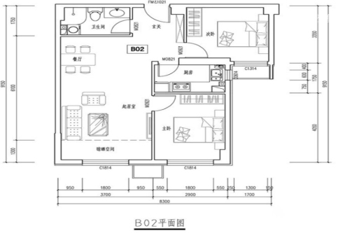 首开保利锦都家园B02户型-2室2厅1卫1厨建筑面积88.00平米