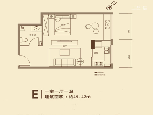 京都国际3号楼E户型49.42平-1室1厅1卫1厨建筑面积49.42平米