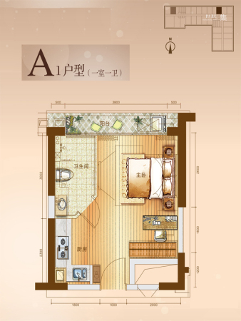 研祥城市广场WIN国际A1户型-1室1厅1卫1厨建筑面积33.34平米