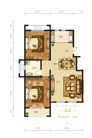 奥冠水悦龙庭五层99平户型-2室2厅1卫1厨建筑面积99.00平米
