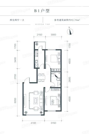 慧时代B1户型-2室2厅1卫1厨建筑面积93.70平米
