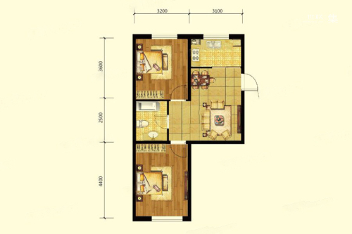雷凯铂院C4户型-2室2厅1卫1厨建筑面积67.18平米