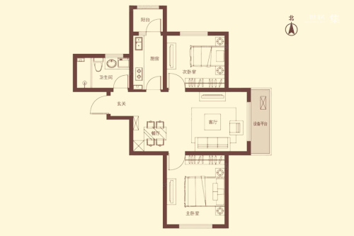 汇智五洲城B4'户型-2室2厅1卫1厨建筑面积80.21平米