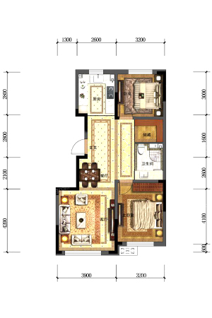 金色橄榄城三期三期C1户型图-2室2厅1卫1厨建筑面积88.79平米