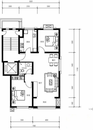一品嘉园B边反户型-B边反户型-2室2厅1卫1厨建筑面积88.00平米