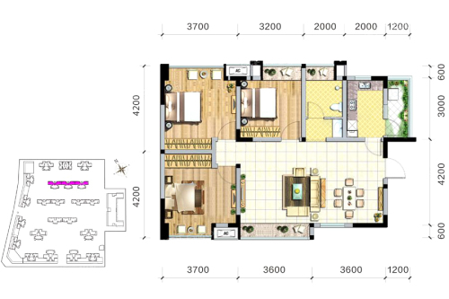 绿岛筑7号楼C1户型标准层-3室2厅1卫1厨建筑面积92.00平米