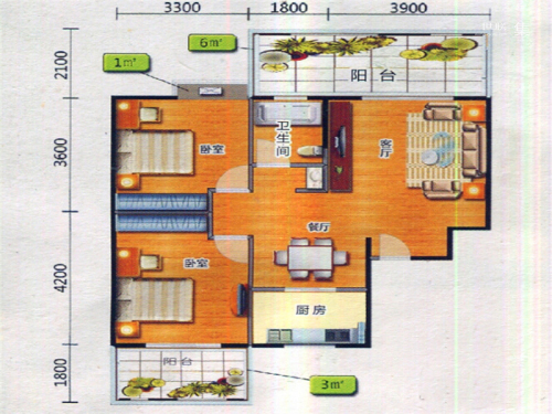 桐洋新城一期1#2#F1户型-2室2厅1卫1厨建筑面积88.32平米