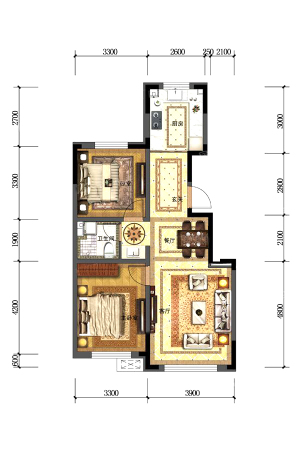 金色橄榄城三期三期B1户型图-2室2厅1卫1厨建筑面积85.81平米