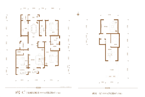 汇君城F8#跃层2层C’户型-5室3厅2卫1厨建筑面积233.27平米