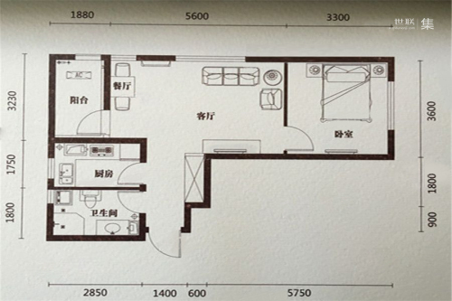 汇邦·克莱枫丹62㎡户型-1室2厅1卫1厨建筑面积62.00平米