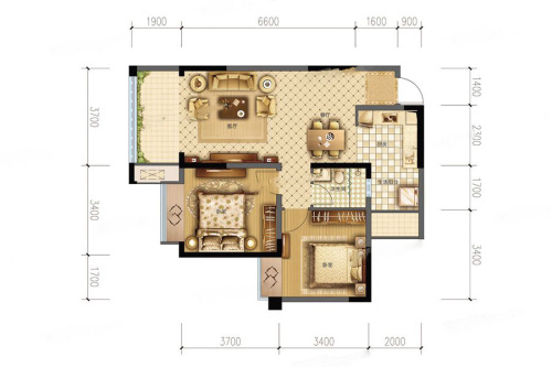 嘉和世纪城1栋A1-2户型标准层-2室2厅1卫1厨建筑面积81.31平米