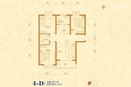 良城国际三期4#标准层D户型-3室2厅1卫1厨建筑面积110.00平米