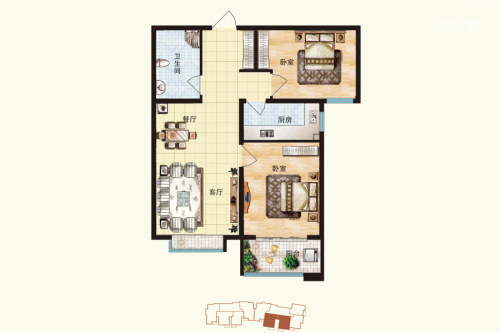 华普城2区标准层K户型-2室2厅1卫1厨建筑面积89.58平米