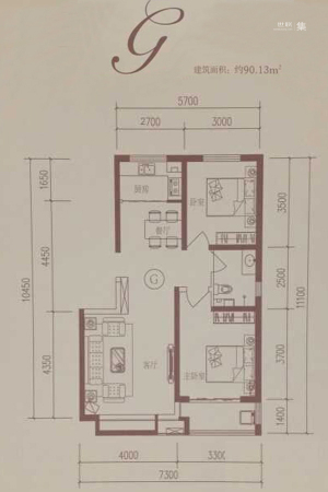 莱茵春天1号楼、2号楼标准层G户型-2室2厅1卫1厨建筑面积90.13平米