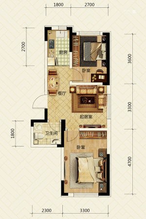 兆丰青年路玖号6#A户型-2室2厅1卫1厨建筑面积64.08平米