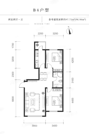 慧时代B4户型-2室2厅1卫1厨建筑面积97.71平米