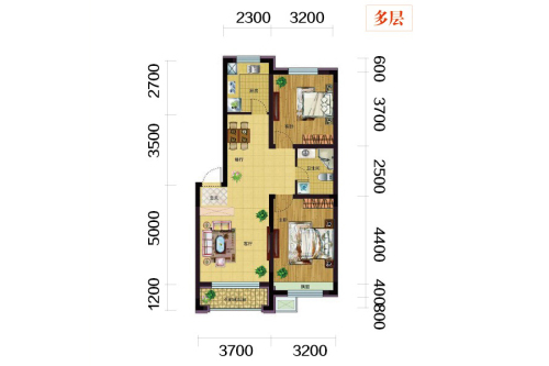 雷明锦程二期A2-6户型80㎡-2室2厅1卫1厨建筑面积80.98平米