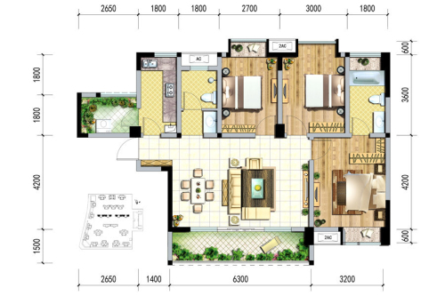 绿岛筑8、9号楼B1户型标准层-3室2厅2卫1厨建筑面积104.82平米