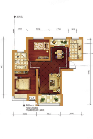 香港城C-1户型-C-1户型-2室2厅1卫1厨建筑面积80.00平米
