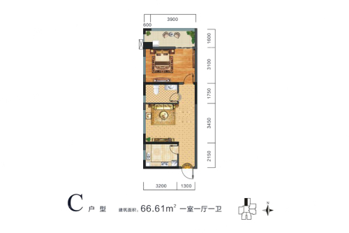 晶鑫华庭C户型-1室1厅1卫1厨建筑面积66.61平米