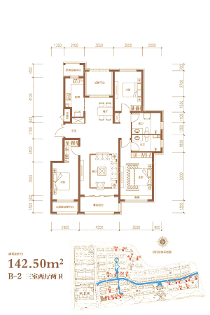 泰丰翠屏山水B-2户型-B-2户型-3室2厅2卫1厨建筑面积142.50平米