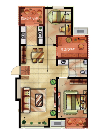 瑞家·坚果H户型-2室2厅1卫1厨建筑面积88.29平米