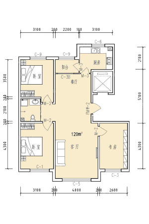 北影新城120平米户型图-3室2厅1卫1厨建筑面积120.00平米