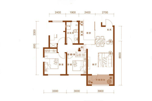亿博隆河谷B2户型-3室2厅1卫1厨建筑面积103.27平米