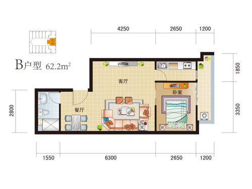 尚峰汇标准层B户型-1室2厅1卫1厨建筑面积62.20平米