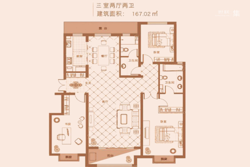鹿城一号5#标准层B户型-3室2厅2卫1厨建筑面积167.02平米