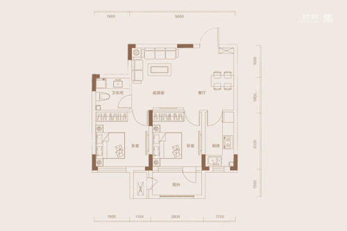 悦时光D户型-2室2厅1卫1厨建筑面积55.00平米