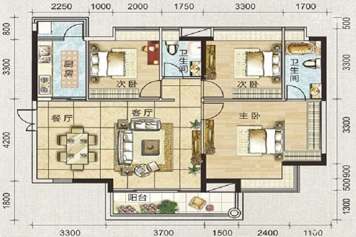海天瑶A1户型-3室2厅2卫1厨建筑面积113.00平米