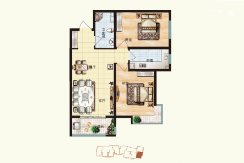 华普城2区标准层L户型-2室2厅1卫1厨建筑面积87.87平米