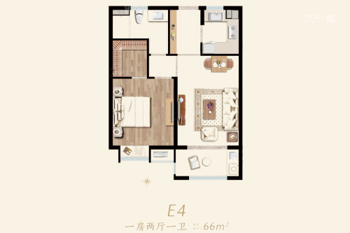 中海桃源里项目3#E4户型-1室2厅1卫1厨建筑面积66.00平米