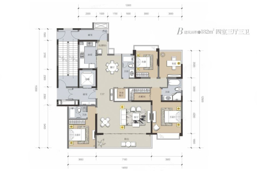北大资源紫境府项目6#B户型-4室3厅3卫1厨建筑面积182.00平米